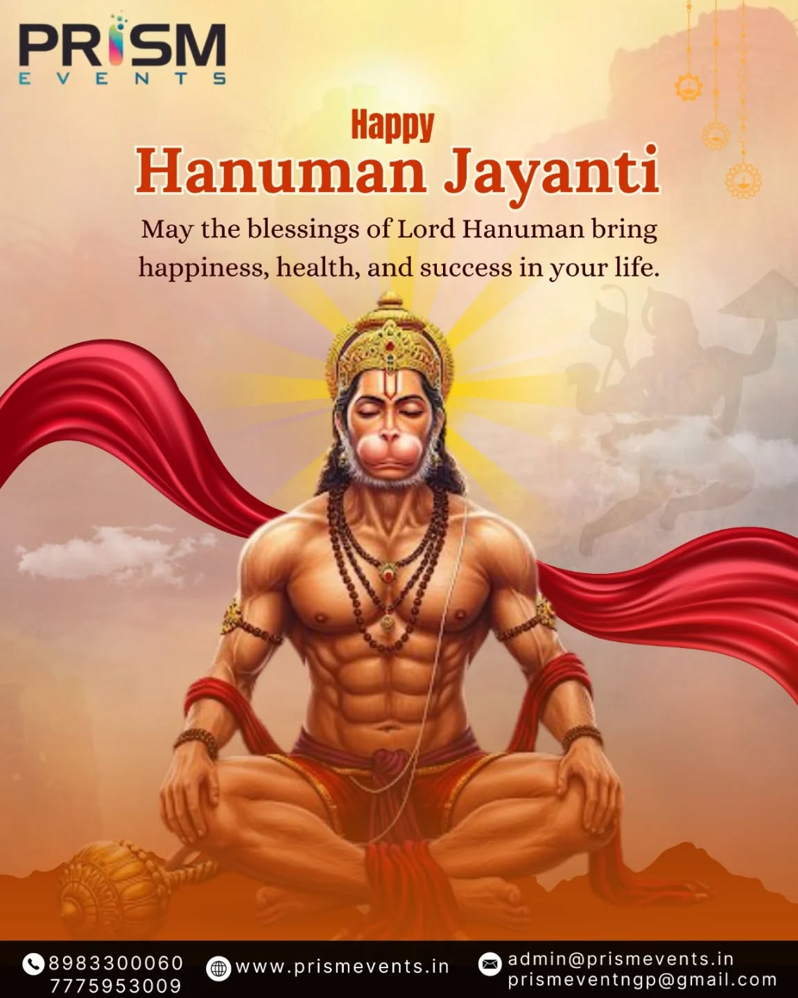 🙏 On this शुभ occasion of Lord Hanuman Jayanti, may strength, courage, and devotion guide your path.

✨ Wishing you happiness, good health & success always!
🚩 Jai Bajrangbali!

#HanumanJayanti #PrismEvents #Blessings #Strength #Devotion FestiveVibes
